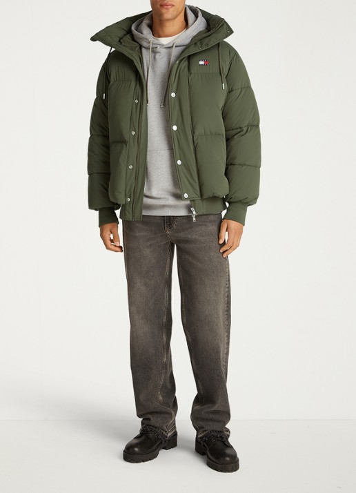 Tommy Hilfiger Puffer jas met capuchon en logo - voorkant 2 olijfgroen
