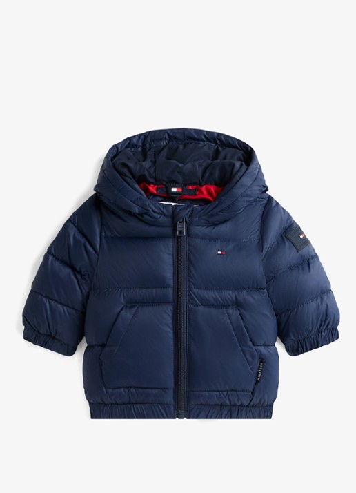 Tommy Hilfiger Puffer jas met capuchon - voorkant donkerblauw