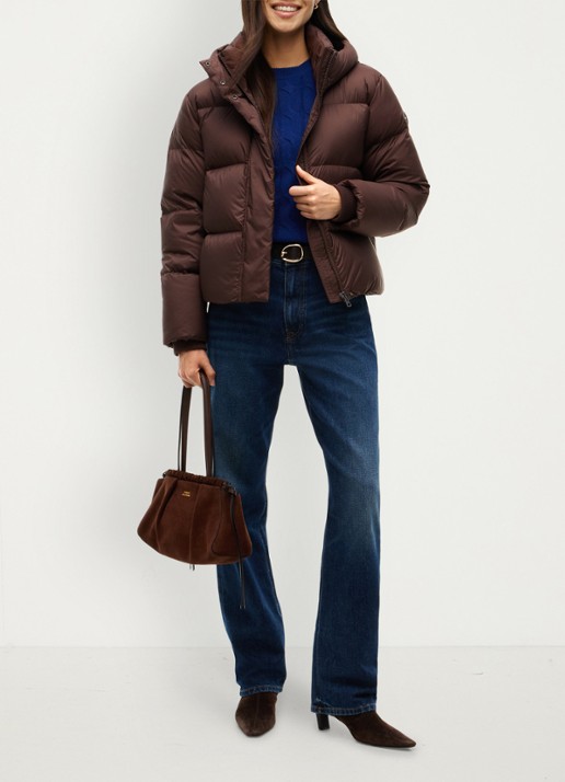 Tommy Hilfiger Puffer jas met donsvulling en capuchon  - voorkant 6 donkerbruin