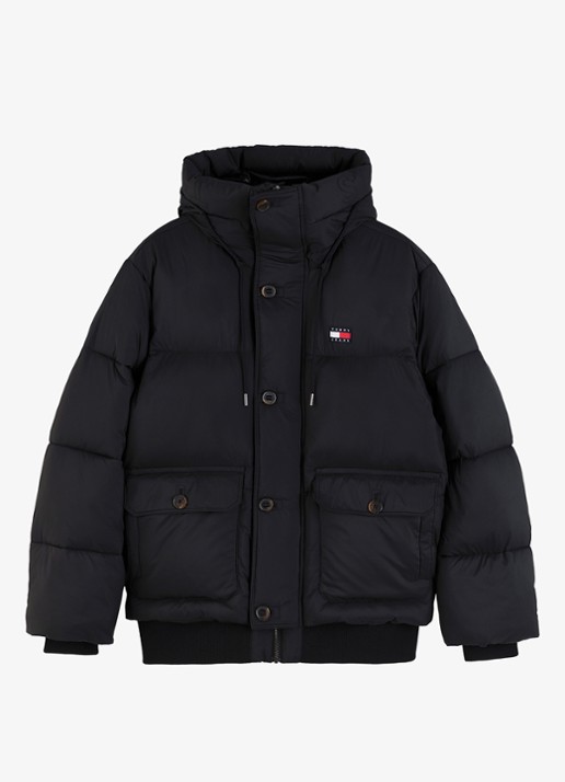 Tommy Hilfiger Puffer jas met opbergbare capuchon - voorkant zwart
