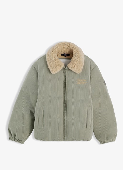 Tommy Hilfiger Puffer jas van corduroy met details van teddy - voorkant 5 lindegroen