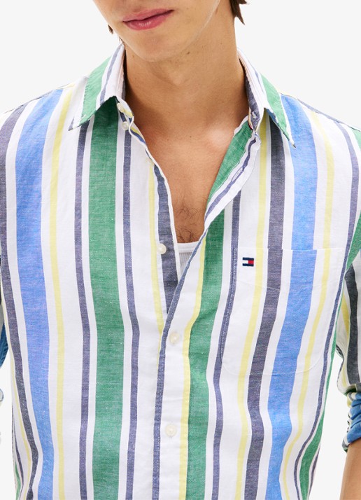 Tommy Hilfiger Regular fit overhemd in linnenblend met streepprint - detail 5 groen