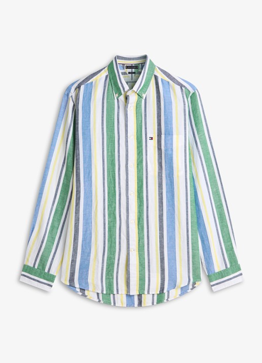 Tommy Hilfiger Regular fit overhemd in linnenblend met streepprint - voorkant 2 groen