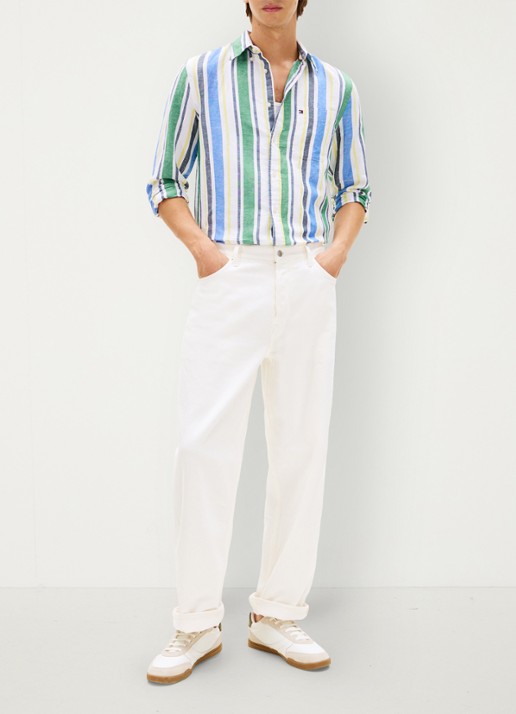 Tommy Hilfiger Regular fit overhemd in linnenblend met streepprint - voorkant 3 groen