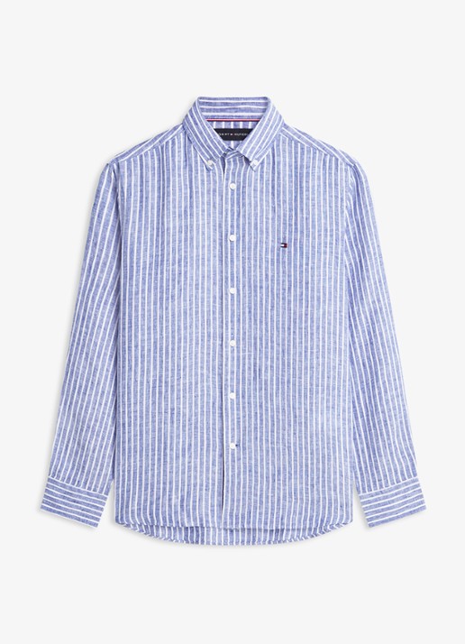 Tommy Hilfiger Regular fit overhemd van linnen met streepprint - voorkant wedge blue / stripe-0a4 / blauw