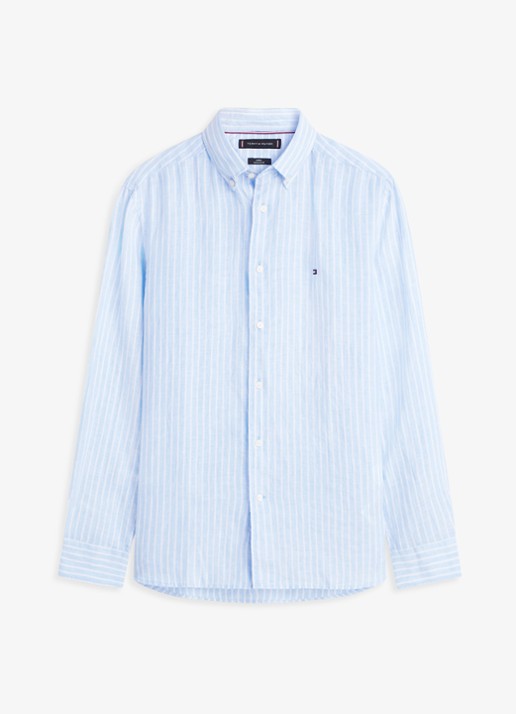 Tommy Hilfiger Regular fit overhemd van linnen met streepprint - voorkant cloudy blue / stripe-0a5 / lichtblauw