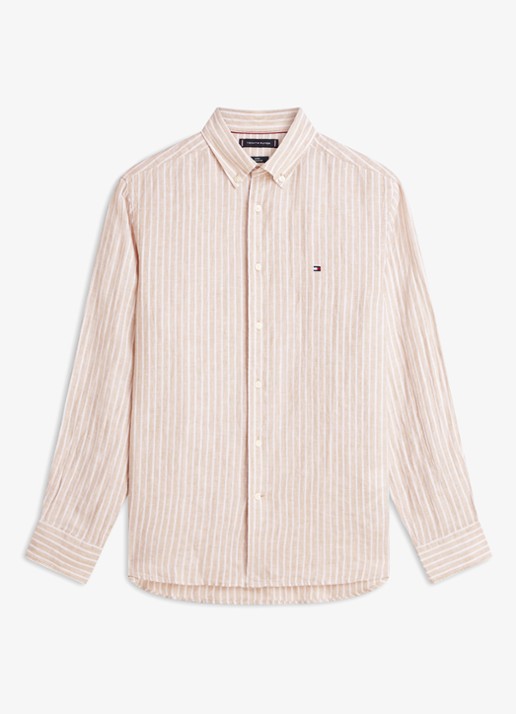 Tommy Hilfiger Regular fit overhemd van linnen met streepprint - voorkant beige