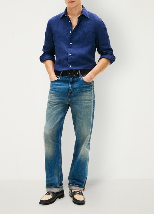 Tommy Hilfiger Regular fit overhemd van linnen - voorkant 4 carbon navy-dcc / donkerblauw