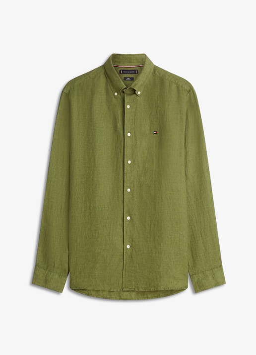 Tommy Hilfiger Regular fit overhemd van linnen - voorkant olijfgroen