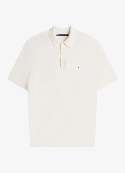Tommy Hilfiger Regular fit polo met logoborduring - voorkant gebroken wit