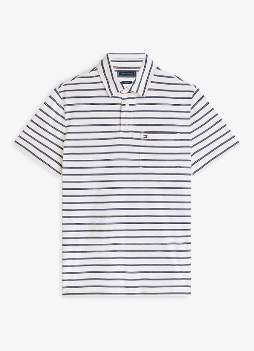 Tommy Hilfiger Regular fit polo met streepprint en borstzak - voorkant gebroken wit