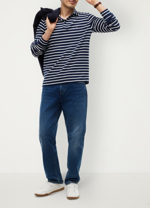 Tommy Hilfiger Regular fit polo met streepprint - voorkant 4 donkerblauw