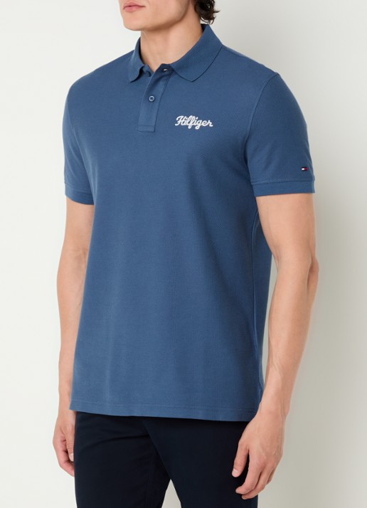 Tommy Hilfiger Regular fit polo van piqué katoen met logoborduring  - detail petrol
