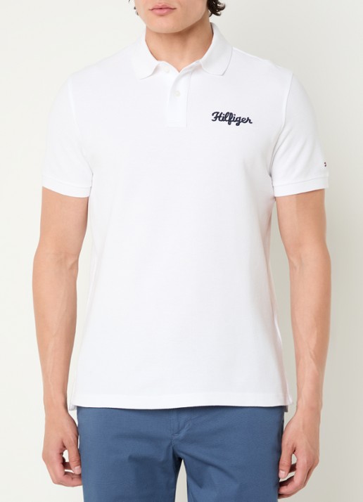 Tommy Hilfiger Regular fit polo van piqué katoen met logoborduring  - detail wit