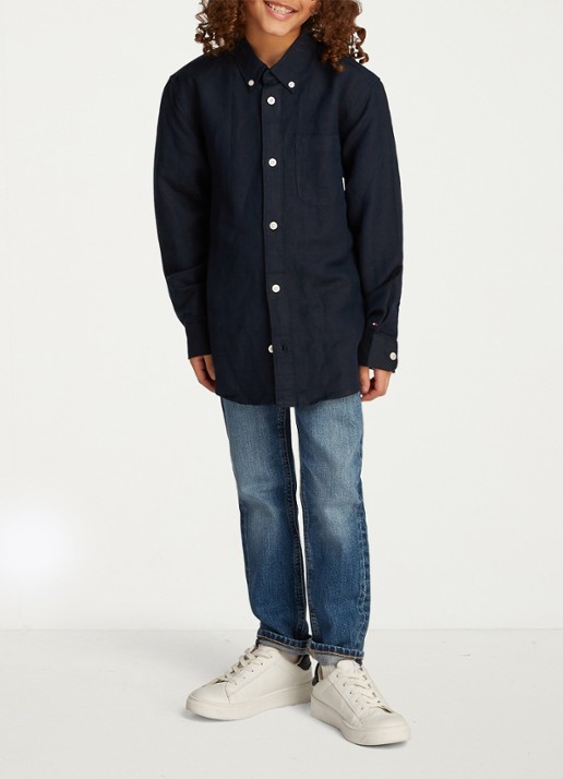 Tommy Hilfiger Relaxed fit overhemd in linnenblend - voorkant 3 donkerblauw