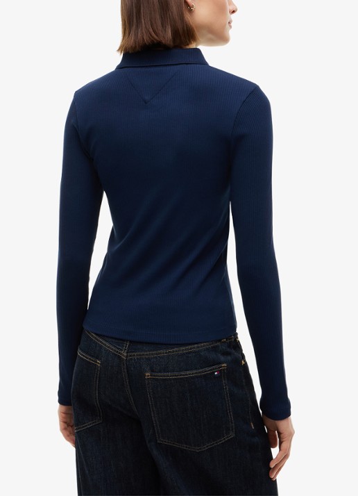 Tommy Hilfiger Ribgebreide polo met knoop details  - achterkant 3 donkerblauw