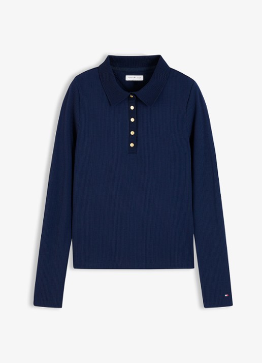 Tommy Hilfiger Ribgebreide polo met knoop details  - voorkant 4 donkerblauw