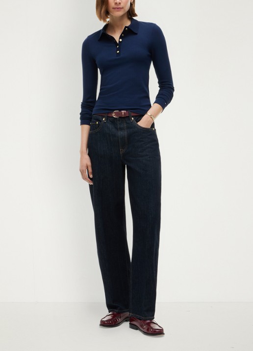 Tommy Hilfiger Ribgebreide polo met knoop details  - voorkant 5 donkerblauw