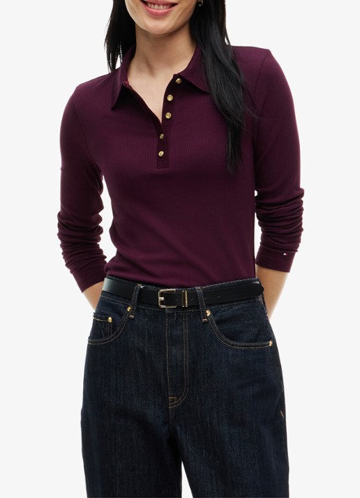 Tommy Hilfiger Ribgebreide polo met knoop details  - detail 4 bordeauxrood