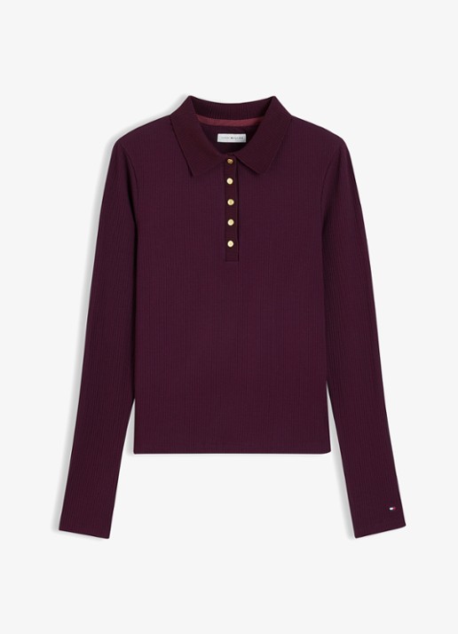 Tommy Hilfiger Ribgebreide polo met knoop details  - voorkant 2 bordeauxrood