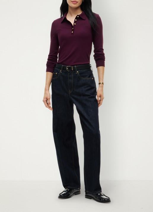 Tommy Hilfiger Ribgebreide polo met knoop details  - voorkant 3 bordeauxrood