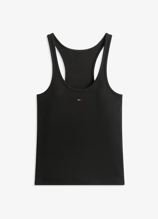 Tommy Hilfiger Ribgebreide tanktop met logoborduring - voorkant zwart