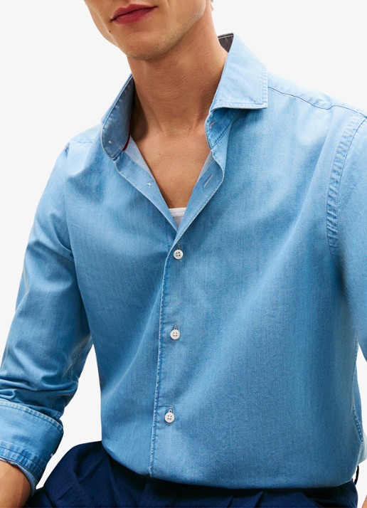 Tommy Hilfiger Slim fit overhemd van denim - detail 5 lichtblauw