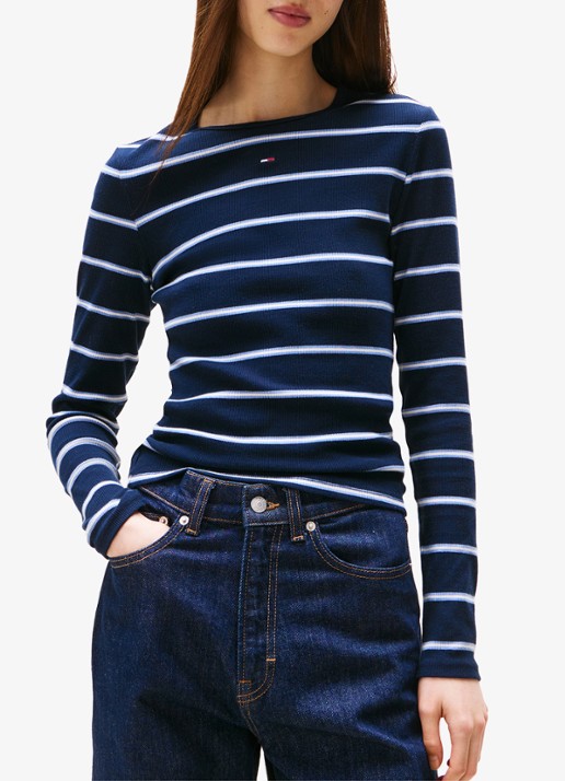 Tommy Hilfiger Slim Ribbed Long Sleeve T-Shirt - detail dark night navy / stripe-0a6 / blauw