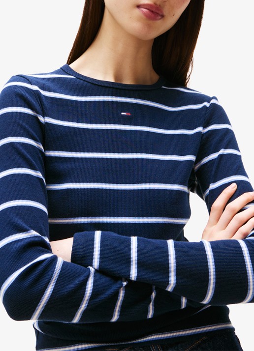 Tommy Hilfiger Slim Ribbed Long Sleeve T-Shirt - detail 2 dark night navy / stripe-0a6 / blauw