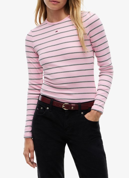 Tommy Hilfiger Slim Ribbed Long Sleeve T-Shirt - detail roze