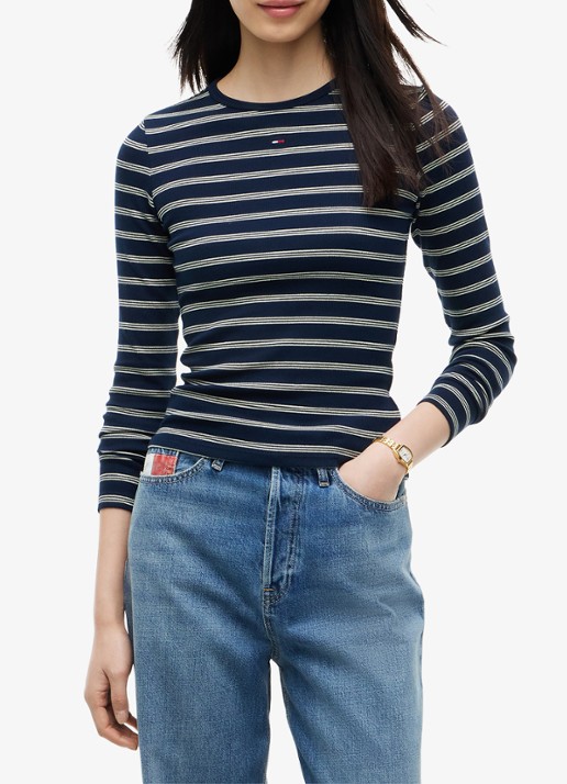 Tommy Hilfiger Slim Ribbed Long Sleeve T-Shirt - detail dark blue / day lily stripe-0x5 / blauw