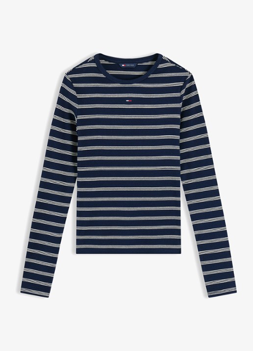 Tommy Hilfiger Slim Ribbed Long Sleeve T-Shirt - voorkant 3 dark blue / day lily stripe-0x5 / blauw