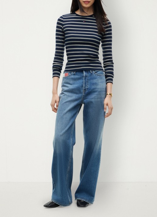 Tommy Hilfiger Slim Ribbed Long Sleeve T-Shirt - voorkant 4 dark blue / day lily stripe-0x5 / blauw