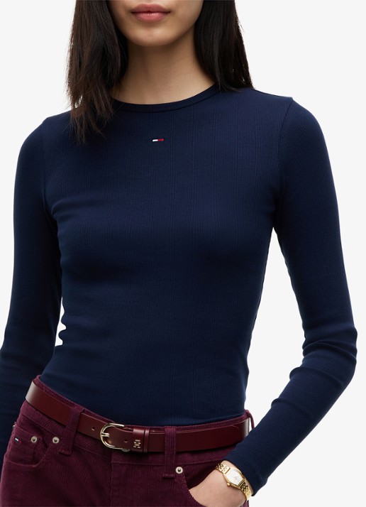 Tommy Hilfiger Slim Ribbed Long Sleeve T-Shirt - detail 5 dark blue-c1g / blauw