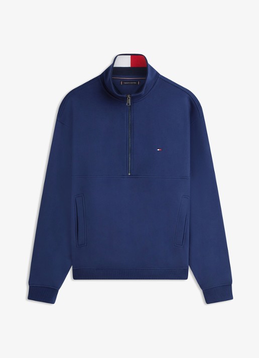 Tommy Hilfiger Sweater met halve rits en logoborduring - voorkant 3 donkerblauw