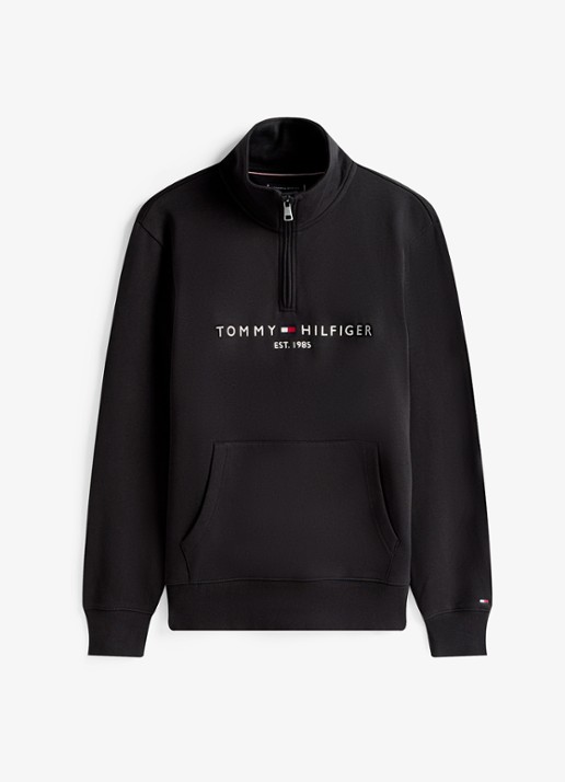 Tommy Hilfiger Sweater met halve rits en logoborduring - voorkant zwart