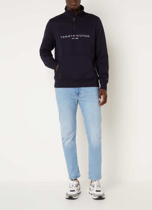 Tommy Hilfiger Sweater met halve rits en logoborduring - voorkant 4 lichtblauw