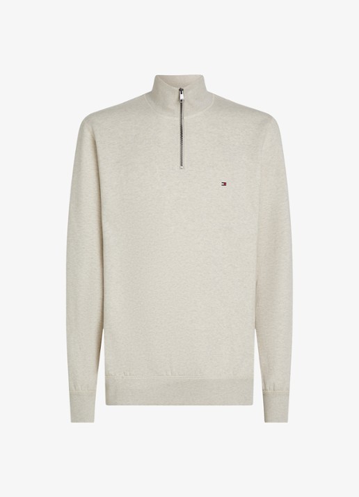 Tommy Hilfiger Sweater met halve rits en logoborduring - voorkant 2 beige