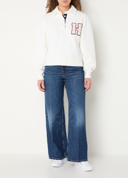 Tommy Hilfiger Sweater met polokraag en logo - voorkant 3 gebroken wit