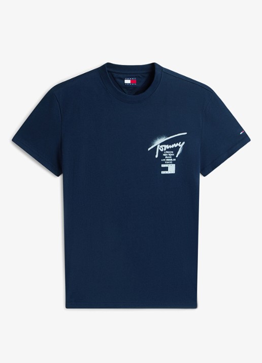Tommy Hilfiger T-shirt met logo- en backprint - voorkant donkerblauw
