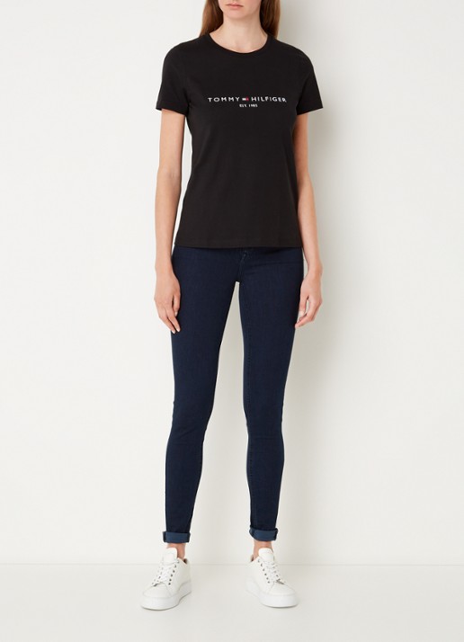 Tommy Hilfiger T-shirt met logoborduring en ronde hals - voorkant 3 zwart