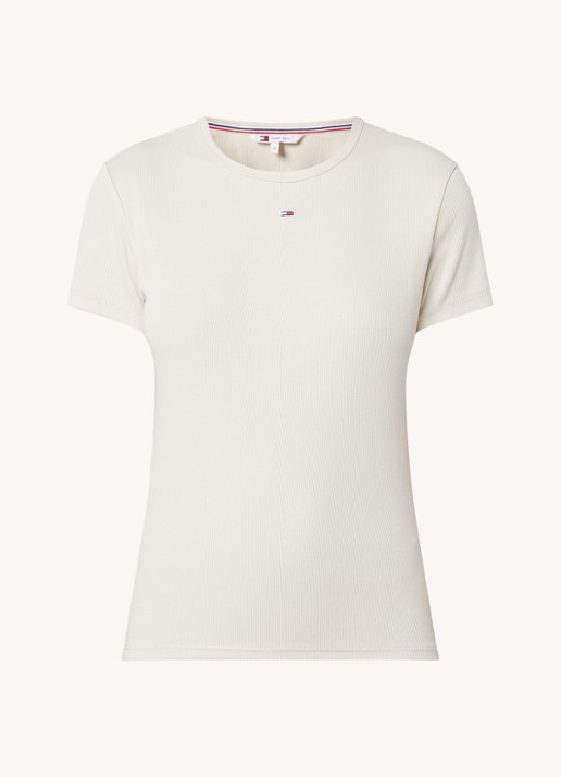 Tommy Hilfiger T-shirt met ribstructuur en logoborduring - voorkant 2 creme