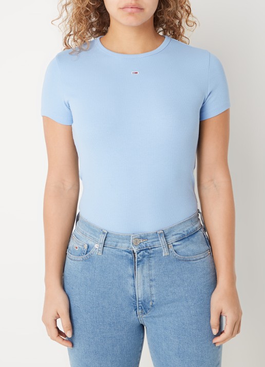 Tommy Hilfiger T-shirt met ribstructuur en logoborduring - detail 4 lichtblauw