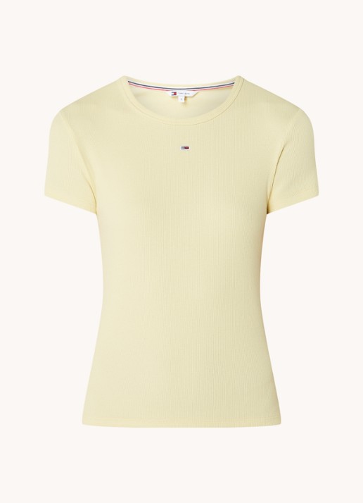 Tommy Hilfiger T-shirt met ribstructuur en logoborduring - voorkant lichtgeel