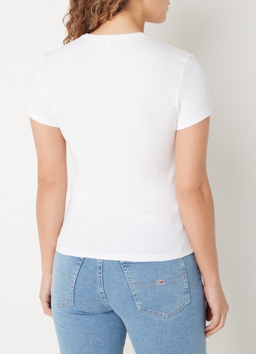 Tommy Hilfiger T-shirt met ribstructuur en logoborduring - achterkant 4 gebroken wit