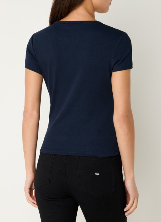 Tommy Hilfiger T-shirt met ribstructuur en logoborduring - achterkant donkerblauw