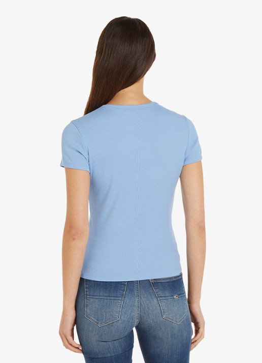 Tommy Hilfiger T-shirt met ribstructuur en logoborduring - achterkant 5 staalblauw