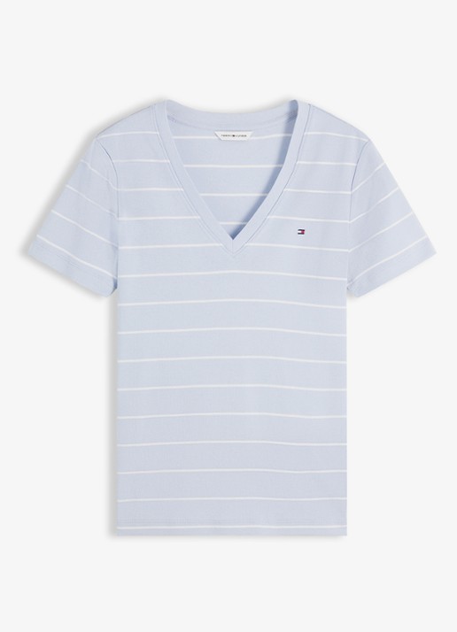 Tommy Hilfiger T-shirt met V-hals - voorkant fine stp breezy blue / ecru-0ff / lichtblauw