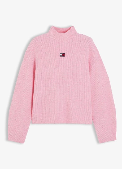 Tommy Hilfiger Tommy Badge ribgebreide trui in alpaca wolblend met logo  - voorkant 3 roze