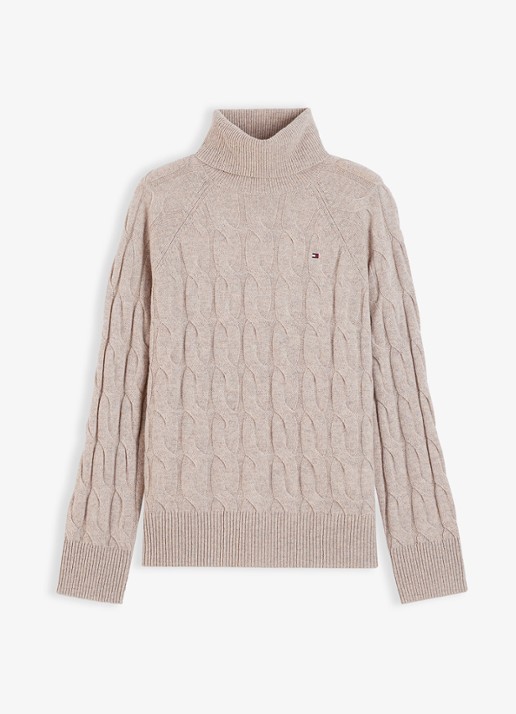 Tommy Hilfiger Trui van wol met col  - voorkant 3 camel